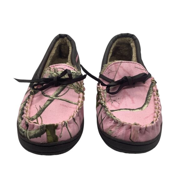 Itasca Womens Pink Camouflage Moccasin Slippers Size 7 Faux Fur Lined Real Tree - Picture 2 of 8
